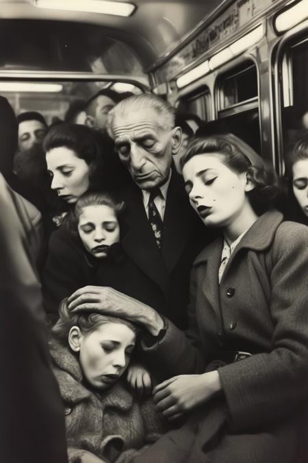 00882-9084178-_lora_Weegee Style_1_Weegee Style - A photo by robert frank of an an elderly man asleep on a bus full of people while a young gi.png